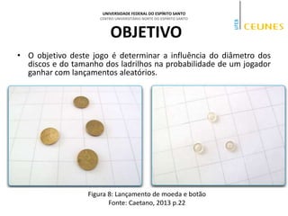 UNIVERSIDADE FEDERAL DO ESPÍRITO SANTO
CENTRO UNIVERSITÁRIO NORTE DO ESPÍRITO SANTO
OBJETIVO
• O objetivo deste jogo é determinar a influência do diâmetro dos
discos e do tamanho dos ladrilhos na probabilidade de um jogador
ganhar com lançamentos aleatórios.
Figura 8: Lançamento de moeda e botão
Fonte: Caetano, 2013 p.22
 