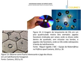 UNIVERSIDADE FEDERAL DO ESPÍRITO SANTO
CENTRO UNIVERSITÁRIO NORTE DO ESPÍRITO SANTO
Figura 14: A imagem do lançamento de CDs em um
piso quadriculado mostra dois exemplos: jogadas
favoráveis (indicadas por setas), onde os discos estão
dentro do quadrado, sem encostar nas bordas, e
jogadas não favoráveis, onde os CDs estão sobrepostos
à borda do ladrilhamento
Fonte: Miguel Ugalde / SXC – Equipe do Matem@tica
na Pr@tica apud Caetano, 2013 p. 36
Figura 13: Observe como ficaria interessante o jogo dos discos
em um ladrilhamento hexagonal.
Fonte: Caetano, 2013 p.31
 