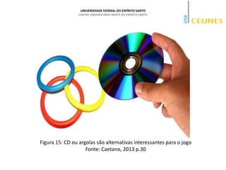 UNIVERSIDADE FEDERAL DO ESPÍRITO SANTO
CENTRO UNIVERSITÁRIO NORTE DO ESPÍRITO SANTO
Figura 15: CD ou argolas são alternativas interessantes para o jogo
Fonte: Caetano, 2013 p.30
 