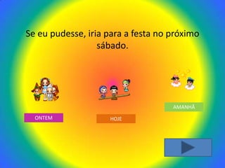 Se eu pudesse, iria para a festa no próximo
                  sábado.




                                    AMANHÃ
  ONTEM             HOJE
 