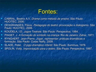 Fontes:Fontes:
 CABRAL, Beatriz A.V.CABRAL, Beatriz A.V. Drama como método de ensinoDrama como método de ensino. São Paulo:. São Paulo:
HUCITEC, 2006.HUCITEC, 2006.
 DESGRANGES, Flávio.DESGRANGES, Flávio. Pedagogia do teatroPedagogia do teatro: provocação e dialogismo: provocação e dialogismo.. SãoSão
Paulo: HUCITEC, 2006.Paulo: HUCITEC, 2006.
 KOUDELA, I.D.KOUDELA, I.D. Jogos TeatraisJogos Teatrais. São Paulo: Perspectiva, 1984.. São Paulo: Perspectiva, 1984.
 PIAGET, J.PIAGET, J. A formação do símbolo na criançaA formação do símbolo na criança. Rio de Janeiro: Zahar, 1971.. Rio de Janeiro: Zahar, 1971.
 RYNGAERT. Jean-Pierre.RYNGAERT. Jean-Pierre. Jogar, representarJogar, representar: práticas dramáticas e: práticas dramáticas e
formação. São Paulo: Cosac Naify, 2009.formação. São Paulo: Cosac Naify, 2009.
 SLADE, Peter.SLADE, Peter. O jogo dramático infantilO jogo dramático infantil. São Paulo: Summus, 1978.. São Paulo: Summus, 1978.
 SPOLIN, Viola.SPOLIN, Viola. Improvisação para o teatroImprovisação para o teatro. São Paulo: Perspectiva, 1987.. São Paulo: Perspectiva, 1987.
 