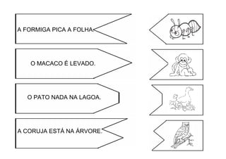 A FORMIGA PICA A FOLHA.
O MACACO É LEVADO.
O PATO NADA NA LAGOA.
A CORUJA ESTÁ NA ÁRVORE.
 
