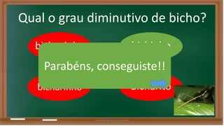 Qual o grau diminutivo de bicho? 
bichozinho bichinho 
Parabéns, conseguiste!! 
bicharinho 
bicharito 
Liliana Nunes & Soraia Correia 
 