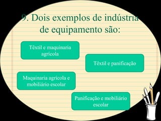 9. Dois exemplos de indústria
    de equipamento são:
  Têxtil e maquinaria
        agrícola
                                Têxtil e panificação

Maquinaria agrícola e
 mobiliário escolar

                        Panificação e mobiliário
                                escolar
 