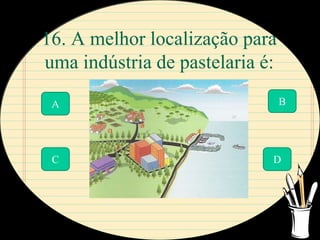 16. A melhor localização para
uma indústria de pastelaria é:

 A                               B




 C                           D
 