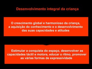 Actividades Perceptivo-Motoras
Desenvolvimento integral da criança
O crescimento global e harmonioso da criança,
a aquisição do conhecimento e o desenvolvimento
das suas capacidades e atitudes
Estimular a conquista do espaço, desenvolver as
capacidades táctil e motora, educar o rítmo, promover
as várias formas de expressividade
 