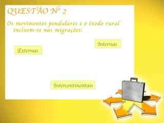QUESTÃO Nº 2 Os movimentos pendulares e o êxodo rural incluem-se nas migrações: Externas  Intercontinentais Internas  
