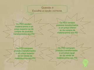 Os PED vendem matéria-prima a um preço superior ao da  compra de produtos  transformados aos PD Os PED vendem produtos transformados a um preço inferior ao da compra de matéria-prima aos PD Os PED compram  produtos transformados a um preço superior ao da venda de matéria-prima aos PD Os PED compram  produtos transformados a um preço igual ao da venda de matéria-prima aos PD Questão 4 Escolhe a opção correcta. 