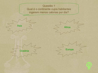 Ásia África Oceânia Europa Questão 1 Qual é o continente cujos habitantes ingerem menos calorias por dia? 