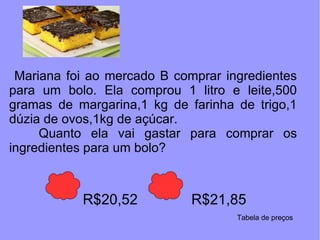 Mariana foi ao mercado B comprar ingredientes para um bolo. Ela comprou 1 litro e leite,500 gramas de margarina,1 kg de farinha de trigo,1 dúzia de ovos,1kg de açúcar. Quanto ela vai gastar para comprar os ingredientes para um bolo? R$20,52 R$21,85 Tabela de preços 