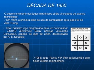 1952: primeiro jogo programado para um computador -  EDSAC (Electronic Delay Storage Automatic Calculator),  espécie de  jogo da velha , desenvolvido   por A. S. Douglas; 1958 : Jogo  Tennis For Two  desenvolvido pelo físico William Higinbotham.   O desenvolvimento dos jogos eletrônicos estão vinculados ao avanço tecnológico.  Em 1950, a primeira idéia de uso do computador para jogos foi de Alan Turing; DÉCADA DE 1950 