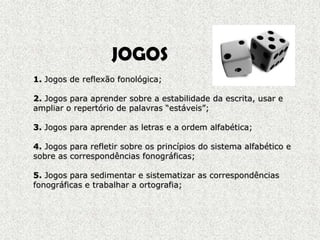 JOGOS1. Jogos de reflexão fonológica;2. Jogos para aprender sobre a estabilidade da escrita, usar e ampliar o repertório de palavras “estáveis”;3. Jogos para aprender as letras e a ordem alfabética;4. Jogos para refletir sobre os princípios do sistema alfabético e sobre as correspondências fonográficas; 5. Jogos para sedimentar e sistematizar as correspondências fonográficas e trabalhar a ortografia; 