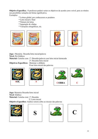 Objetivo Específico: O professor poderá variar os objetivos de acordo com o nível, pois os rótulos
nos possibilita variações de forma significativa.
Exemplos:
* Leitura global, por conhecerem os produtos
* Letra inicial e final
* Número de letras
* Separação de sílabas
* Variações ortográficas, etc.
Jogo : Memória Desenho/letra inicial/palavra
Nível: Pré-Silábico
Material: Cartelas com: 1º: Desenho/palavra com letra inicial destacada
2ª: Desenho/letra inicial
Objetivos Específicos: Dominar o alfabeto
Fixar letra inicial das palavras
Jogo: Memória Desenho/letra inicial
Nível: Silábico
Material: Cartelas com: 1ª: Desenho
2ª: Letra inicial
Objetivo Específico: Análise sonora sobre as iniciais das palavras
10
SOL S
COBRA C
S C
 