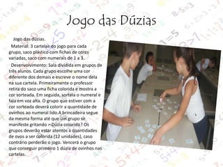 Jogo das Dúzias
Jogo das dúzias.
Material: 3 cartelas do jogo para cada
grupo, saco plástico com fichas de cores
variadas, saco com numerais de 1 a 3.
Desenvolvimento: Sala dividida em grupos de
três alunos. Cada grupo escolhe uma cor
diferente dos demais e escreve o nome dela
na sua cartela. Primeiramente o professor
retira do saco uma ficha colorida e mostra a
cor sorteada. Em seguida, sorteia o numeral e
fala em voz alta. O grupo que estiver com a
cor sorteada deverá colorir a quantidade de
ovinhos ao numeral lido.A brincadeira segue
da mesma forma até que um grupo se
manifeste gritando – Dúzia colorida ! Os
grupos deverão estar atentos à quantidades
de ovos a ser colorida (12 unidades), caso
contrário perderão o jogo. Vencerá o grupo
que conseguir primeiro 1 dúzia de ovinhos nas
cartelas.

 