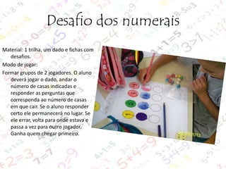 Desafio dos numerais
Material: 1 trilha, um dado e fichas com
desafios.
Modo de jogar:
Formar grupos de 2 jogadores. O aluno
deverá jogar o dado, andar o
número de casas indicadas e
responder as perguntas que
corresponda ao número de casas
em que cair. Se o aluno responder
certo ele permanecerá no lugar. Se
ele errar, volta para onde estava e
passa a vez para outro jogador.
Ganha quem chegar primeiro.

 
