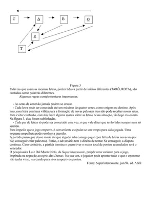 Figura 3
Palavras que usam as mesmas letras, porém lidas a partir de inícios diferentes (TARÔ, ROTA), são
contadas como palavras diferentes.
Algumas regras complementares importantes:
- As setas de conexão jamais podem se cruzar.
- Cada letra pode ser conectada até um máximo de quatro vezes, como origem ou destino. Após
isso, essa letra continua válida para a formação de novas palavras mas não pode receber novas setas.
Para evitar confusão, convém fazer alguma marca sobre as letras nessa situação, tão logo ela ocorra.
Na figura 3, elas foram sublinhadas.
- Cada par de letras só pode ser conectado uma vez, o que vale dizer que serão lidas sempre num só
sentido.
Para impedir que o jogo emperre, é conveniente estipular-se um tempo para cada jogada. Uma
pequena ampulheta pode resolver a questão.
A partida prossegue desse modo até que alguém não consiga jogar (por falta de letras novas ou por
não conseguir criar palavras). Então, o adversário tem o direito de tentar. Se conseguir, a disputa
continua. Caso contrário, a partida termina e quem tiver o maior total de pontos acumulados será o
vencedor.
O pesquisador Luiz Dal Monte Neto, da Superinteressante, propõe uma variante para o jogo,
inspirada na regra do assopro, das Damas. Na sua vez, o jogador pode apontar tudo o que o oponente
não tenha visto, marcando para si os respectivos pontos.
Fonte: Superinteressante, jun/94, ed. Abril

 