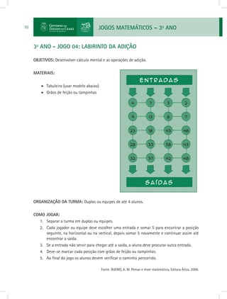 JOGOS MATEMÁTICOS – 3o
ANO10
3o
ANO - JOGO 04: LABIRINTO DA ADIÇÃO
OBJETIVOS: Desenvolver cálculo mental e as operações de adição.
MATERIAIS:
•	 Tabuleiro (usar modelo abaixo)
•	 Grãos de feijão ou tampinhas
ORGANIZAÇÃO DA TURMA: Duplas ou equipes de até 4 alunos.
COMO JOGAR:
1.	 Separar a turma em duplas ou equipes.
2.	 Cada jogador ou equipe deve escolher uma entrada e somar 5 para encontrar a posição
seguinte, na horizontal ou na vertical, depois somar 5 novamente e continuar assim até
encontrar a saída.
3.	 Se a entrada não servir para chegar até a saída, o aluno deve procurar outra entrada.
4.	 Deve-se marcar cada posição com grãos de feijão ou tampinhas.
5.	 Ao final do jogo os alunos devem verificar o caminho percorrido.
Fonte: BUENO, A. M. Pensar e rever matemática, Editora Ática, 2006.
 