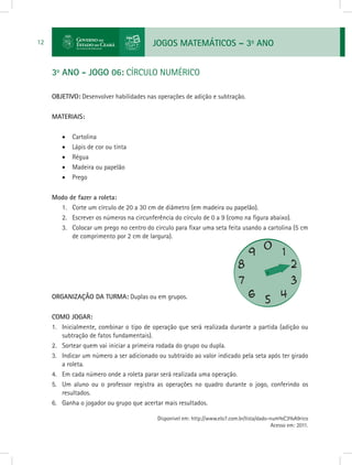 JOGOS MATEMÁTICOS – 3o
ANO12
3o
ANO - JOGO 06: CÍRCULO NUMÉRICO
OBJETIVO: Desenvolver habilidades nas operações de adição e subtração.
MATERIAIS:
•	 Cartolina
•	 Lápis de cor ou tinta
•	 Régua
•	 Madeira ou papelão
•	 Prego
Modo de fazer a roleta:
1.	 Corte um círculo de 20 a 30 cm de diâmetro (em madeira ou papelão).
2.	 Escrever os números na circunferência do círculo de 0 a 9 (como na figura abaixo).
3.	 Colocar um prego no centro do círculo para fixar uma seta feita usando a cartolina (5 cm
de comprimento por 2 cm de largura).
ORGANIZAÇÃO DA TURMA: Duplas ou em grupos.
COMO JOGAR:
1.	 Inicialmente, combinar o tipo de operação que será realizada durante a partida (adição ou
subtração de fatos fundamentais).
2.	 Sortear quem vai iniciar a primeira rodada do grupo ou dupla.
3.	 Indicar um número a ser adicionado ou subtraído ao valor indicado pela seta após ter girado
a roleta.
4.	 Em cada número onde a roleta parar será realizada uma operação.
5.	 Um aluno ou o professor registra as operações no quadro durante o jogo, conferindo os
resultados.
6.	 Ganha o jogador ou grupo que acertar mais resultados.
Disponível em: http://www.elo7.com.br/lista/dado-num%C3%A9rico
Acesso em: 2011.
 