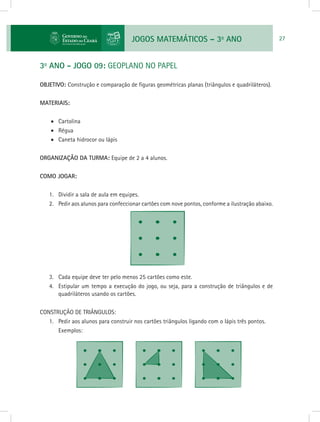JOGOS MATEMÁTICOS – 3o
ANO 27
3o
ANO - JOGO 09: GEOPLANO NO PAPEL
OBJETIVO: Construção e comparação de figuras geométricas planas (triângulos e quadriláteros).
MATERIAIS:
•	 Cartolina
•	 Régua
•	 Caneta hidrocor ou lápis
ORGANIZAÇÃO DA TURMA: Equipe de 2 a 4 alunos.
COMO JOGAR:
1.	 Dividir a sala de aula em equipes.
2.	 Pedir aos alunos para confeccionar cartões com nove pontos, conforme a ilustração abaixo.
3.	 Cada equipe deve ter pelo menos 25 cartões como este.
4.	 Estipular um tempo a execução do jogo, ou seja, para a construção de triângulos e de
quadriláteros usando os cartões.
CONSTRUÇÃO DE TRIÂNGULOS:
1.	 Pedir aos alunos para construir nos cartões triângulos ligando com o lápis três pontos.
Exemplos:
 