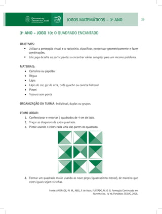 JOGOS MATEMÁTICOS – 3o
ANO 29
3o
ANO - JOGO 10: O QUADRADO ENCANTADO
OBJETIVOS:
•	 Utilizar a percepção visual e o raciocínio, classificar, conceituar geometricamente e fazer
combinações.
•	 Este jogo desafia os participantes a encontrar várias soluções para um mesmo problema.
MATERIAIS:
•	 Cartolina ou papelão
•	 Régua
•	 Lápis
•	 Lápis de cor, giz de cera, tinta guache ou caneta hidrocor
•	 Pincel
•	 Tesoura sem ponta
ORGANIZAÇÃO DA TURMA: Individual, duplas ou grupos.
COMO JOGAR:
1.	 Confeccionar e recortar 9 quadrados de 4 cm de lado.
2.	 Traçar as diagonais de cada quadrado.
3.	 Pintar usando 4 cores cada uma das partes do quadrado.
4.	 Formar um quadrado maior usando as nove peças (quadradinho menor), de maneira que
cores iguais sejam vizinhas.
			 Fonte: ANDRADE, W. M., ABEL, F. de Assis; FURTADO, M. O. G. Formação Continuada em
Matemática. 1a ed. Fortaleza: SEDUC, 2006.
 