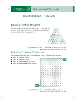JOGOS MATEMÁTICOS – 3o
ANO32
DESAFIOS DIVERSOS - 1o
BIMESTRE
DESAFIO 01: TRIÂNGULO NUMÉRICO
Partindo do ápice da pirâmide ao lado (número 1) percorra um
caminho até a base, escolhendo um único número, de modo que
a soma de todos eles seja igual a 60.
			 Fonte: ANDRADE, W. M., ABEL, F. A.; FURTADO, M. O. G. Formação Continuada em
Matemática. 1a ed. Fortaleza: SEDUC, v.01, 120p. 2006.
DESAFIO 02: O CAMINHO DOS NÚMEROS
Partindo da entrada (número 2) chegue até a saída (número 32), obedecendo as regras:
•	 Cada vez que subir, soma 1.
•	 Cada vez que descer, subtrai 1.
•	 Cada vez que for para direita, soma 2.
•	 Cada vez que for para esquerda, subtrai 2.
			 Fonte: ANDRADE, W. M., ABEL, F. A.; FURTADO, M. O. G. Formação Continuada em
Matemática. 1a ed. Fortaleza: SEDUC, v.01, 120p. 2006.
 