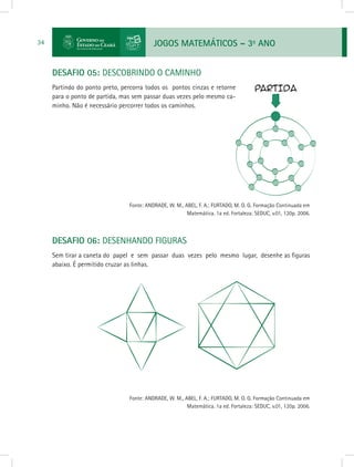 JOGOS MATEMÁTICOS – 3o
ANO34
DESAFIO 05: DESCOBRINDO O CAMINHO
Partindo do ponto preto, percorra todos os pontos cinzas e retorne
para o ponto de partida, mas sem passar duas vezes pelo mesmo ca-
minho. Não é necessário percorrer todos os caminhos.
			 Fonte: ANDRADE, W. M., ABEL, F. A.; FURTADO, M. O. G. Formação Continuada em
Matemática. 1a ed. Fortaleza: SEDUC, v.01, 120p. 2006.
DESAFIO 06: DESENHANDO FIGURAS
Sem tirar a caneta do papel e sem passar duas vezes pelo mesmo lugar, desenhe as figuras
abaixo. É permitido cruzar as linhas.
			 Fonte: ANDRADE, W. M., ABEL, F. A.; FURTADO, M. O. G. Formação Continuada em
Matemática. 1a ed. Fortaleza: SEDUC, v.01, 120p. 2006.
 