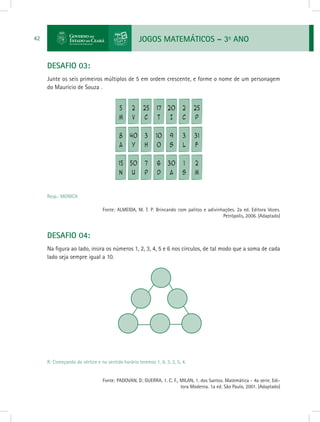 JOGOS MATEMÁTICOS – 3o
ANO42
DESAFIO 03:
Junte os seis primeiros múltiplos de 5 em ordem crescente, e forme o nome de um personagem
do Maurício de Souza .
Resp.: MONICA
			 Fonte: ALMEIDA, M. T. P. Brincando com palitos e adivinhações. 2a ed. Editora Vozes.
Petrópolis, 2006. (Adaptado)
DESAFIO 04:
Na figura ao lado, insira os números 1, 2, 3, 4, 5 e 6 nos círculos, de tal modo que a soma de cada
lado seja sempre igual a 10.	
R: Começando do vértice e no sentido horário teremos 1, 6, 3, 2, 5, 4.
			 Fonte: PADOVAN, D; GUERRA, 1. C. F., MILAN, 1. dos Santos. Matemática - 4a serie. Edi-
tora Moderna. 1a ed. São Paulo, 2001. (Adaptado)
 