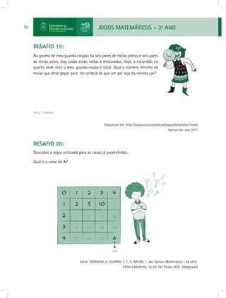 JOGOS MATEMÁTICOS – 3o
ANO50
DESAFIO 19:
Na gaveta de meu guarda-roupas há seis pares de meias pretas e seis pares
de meias azuis, mas todas estão soltas e misturadas. Hoje, a escuridão no
quarto onde está o meu guarda-roupa é total. Qual o número mínimo de
meias que devo pegar para ter certeza de que um par seja da mesma cor?
Resp.: 3 meias
Disponível em: http://www.nacional.edu.br/jogos/desafiofacil.html
Acesso em: ano 2011
DESAFIO 20:
Descubra a regra utilizada para as casas já preenchidas.
Qual é o valor de A?
			 Fonte: PADOVAN, D; GUERRA, 1. C. F., MILAN, 1. dos Santos. Matemática - 4a serie.
Editora Moderna. 1a ed. São Paulo, 2001. (Adaptado)
360
5 12 27 54
10 27 66 147
17 54 147
 