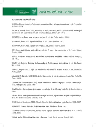 JOGOS MATEMÁTICOS – 3o
ANO 51
REFERÊNCIAS BIBLIOGRÁFICAS
ALMEIDA, Marcos Teodorico Pinheiro de. Jogos divertidos e brinquedos criativos. 1. ed., Petrópolis-
RJ: Vozes, 2004
ANDRADE, Wendel Melo; ABEL, Francisco de Assis; FURTADO, Maria Osileusa Gomes. Formação
Continuada em Matemática. 01. ed. Fortaleza: SEDUC, 2006. v. 01. 120 p.
BATLLORI, Jorge. Jogos para treinar o cérebro. 1. ed., São Paulo: Madras, 2004.
BERLOQUIN, Pierre. 100 Jogos Numéricos. 1. ed., Lisboa: Gradiva, 1991.
BERLOQUIN, Pierre. 100 Jogos Geométricos. 3. ed., Lisboa: Gradiva, 2000.
BOLT, Brian. Actividades Matemáticas: coleção O prazer da matemática n° 7. 1. ed., Lisboa:
Gradiva, 1991.
BRASIL. Ministério da Educação. Parâmetros Curriculares Nacionais – PCN. Brasília: MEC/SEF,
v.3, 1997.
DANTE, Luiz Roberto. Didática da Resolução de Problemas de Matemática. 1. ed., São Paulo:
Ática, 1998.
GRANDO, Regina Célia. O jogo e a matemática no contexto da sala de aula. 1. ed., São Paulo:
Paulus, 2004.
JARANDILHA, Daniela; SPLENDORE, Leila. Matemática já não é problema. 3. ed., São Paulo-SP:
Cortez, 2008.
KISHOMOTO, Tizuco Morchida (org). Jogos Tradicionais Infantis: O jogo, a criança e a educação.
1. ed., Petrópolis-RJ: Vozes, 1993
OLIVEIRA, Vera Barros. Jogos de regras e a resolução de problemas. 1. ed., Rio de Janeiro: Vozes,
2004.
PIAGET,Jean.A formação do símbolo na criança: imitação, jogo e sonho, imagem e representação.
2. ed. Rio de Janeiro: Zahar Editores, 1975.
RÊGO, Rogério Gaudêncio; RÊGO, Rômulo Marinho. Matemáticativa. 1. ed., Paraíba: UFPB, 1997.
ROSA NETO, Ernesto. Didática da Matemática. 9.ed., São Paulo: Ática, 1997.
SAMPAIO, Antônio Luiz; CHAVES, Sandra Maria. Jogos e teoremas de matemática. 1. ed., Sobral:
FACIB, 2003.
TAHAN, Malba. Matemática Divertida e Curiosa. 19. ed. Rio de janeiro: Record, 2003.
 