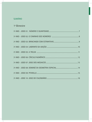 JOGOS MATEMÁTICOS – 3o
ANO6
SUMÁRIO
1o
Bimestre
3o
ANO - JOGO 01: NÚMERO E QUANTIDADE..........................................................................7
3o
ANO - JOGO 02: O CAMINHO DOS NÚMEROS ...................................................................8
3o
ANO - JOGO 03: BRINCANDO COM ESTIMATIVAS..............................................................9
3o
ANO - JOGO 04: LABIRINTO DA ADIÇÃO.............................................................................10
3o
ANO - JOGO 05: A TRILHA ......................................................................................................11
3o
ANO - JOGO 06: CÍRCULO NUMÉRICO.................................................................................12
3o
ANO - JOGO 07: JOGO DOS MOSAICOS...............................................................................13
3o
ANO - JOGO 08: DOMINÓ DA GEOMETRIA ESPACIAL......................................................14
3o
ANO - JOGO 09: PITARILLA......................................................................................................15
3o
ANO - JOGO 10: JOGO DO CALENDÁRIO.............................................................................16
 