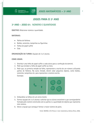JOGOS MATEMÁTICOS – 3o
ANO 7
JOGOS PARA O 3o
ANO
3o
ANO - JOGO 01: NÚMERO E QUANTIDADE
OBJETIVO: Relacionar número e quantidade.
MATERIAIS:
•	 Palitos de fósforos
•	 Botões, sementes, tampinhas ou figurinhas
•	 Folhas de papel sulfite
•	 Cola
ORGANIZAÇÃO DA TURMA: Equipes de 3 a 5 alunos.
COMO JOGAR:
1.	 Distribuir uma folha de papel sulfite a cada aluno para a confecção do dominó.
2.	 Pedir que dividam a folha de papel sulfite ao meio.
3.	 Pedir que, na primeira metade da folha, representem a escrita de um número utilizando
palitos de fósforos. Na outra metade, devem colar pequenos objetos, como botões,
sementes, tampinhas etc. para representar o número escrito.
Exemplo:
4.	 Embaralhar as folhas em um único monte.
5.	 Formar equipes de 3 a 5 alunos e solicitar que os alunos encontrem o par correspondente
formado pelo número construído com os palitos e a quantidade de objetos que representa
este número.
6.	 Vence a equipe que conseguir formar o maior número de pares.
	
Fonte: BUENO, A. M. Pensar e rever matemática, Editora Ática, 2006.
 