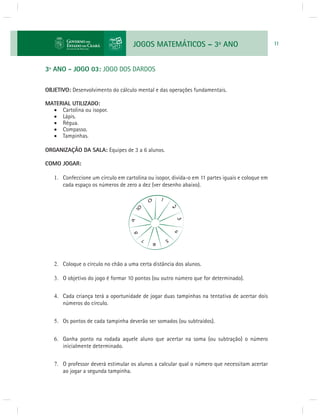 JOGOS MATEMÁTICOS – 3o ANO 11 
3º ANO - JOGO 03: JOGO DOS DARDOS 
OBJETIVO: Desenvolvimento do cálculo mental e das operações fundamentais. 
MATERIAL UTILIZADO: 
 Cartolina ou isopor. 
 Lápis. 
 Régua. 
 Compasso. 
 Tampinhas. 
ORGANIZAÇÃO DA SALA: Equipes de 3 a 6 alunos. 
COMO JOGAR: 
1. Confeccione um círculo em cartolina ou isopor, divida-o em 11 partes iguais e coloque em 
cada espaço os números de zero a dez (ver desenho abaixo). 
2. Coloque o círculo no chão a uma certa distância dos alunos. 
3. O objetivo do jogo é formar 10 pontos (ou outro número que for determinado). 
4. Cada criança terá a oportunidade de jogar duas tampinhas na tentativa de acertar dois 
números do círculo. 
5. Os pontos de cada tampinha deverão ser somados (ou subtraídos). 
6. Ganha ponto na rodada aquele aluno que acertar na soma (ou subtração) o número 
inicialmente determinado. 
7. O professor deverá estimular os alunos a calcular qual o número que necessitam acertar 
ao jogar a segunda tampinha. 
 
