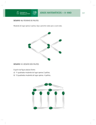 JOGOS MATEMÁTICOS – 5o ANO 117 
DESAFIO 16: PEIXINHO DE PALITOS 
Mudando de lugar apenas 3 palitos, faça o peixinho nadar para o outro lado. 
DESAFIO 17: DESAFIO DOS PALITOS 
A partir da fi gura abaixo forme: 
a) 11 quadrados mudando de lugar apenas 2 palitos. 
b) 15 quadrados mudando de lugar apenas 4 palitos. 
 