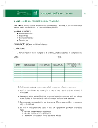 JOGOS MATEMÁTICOS – 4o ANO 25 
4º ANO - JOGO 05: APRENDENDO COM AS MEDIDAS 
OBJETIVO: A compreensão do conceito de medida na prática e a utilização dos instrumentos de 
medida, o exercício do cálculo e as transformações de medidas. 
MATERIAL UTILIZADO: 
 Folhas de cartolina; 
 Fita métrica; 
 Balança doméstica; 
 Termômetro. 
ORGANIZAÇÃO DA SALA: Atividade individual. 
COMO JOGAR: 
1. Construir com os alunos, num pedaço da cartolina, uma tabela como a do exemplo abaixo. 
NOME:___________________________________________ ANO:_______________ 
DATA ALTURA / PESO Nº DO SAPATO Nº DA CALÇA 
TEMPERATURA DO 
CORPO 
2. Pedir aos alunos que preencham essa tabela uma vez por mês, durante um ano. 
3. Levar os instrumentos de medida para a sala de aula e deixar que eles mesmos os 
manuseiem. 
4. Caso algum aluno tenha difi culdade no manuseio dos instrumentos, pedir aos colegas 
que o ajudem. Se ainda assim ele tiver difi culdades, ensiná-lo você mesmo(a). 
5. De um mês para outro, pedir-lhes que observem as diferenças de medidas e as comparem 
com as dos colegas. 
6. No fi nal do ano, aproveitar a tabela de cada um e propor-lhes que façam cálculos do 
tipo: 
a. Quanto, em centímetros, você cresceu? 
b. Quanto, em cada mês, você cresceu? 
c. Transforme todas as suas alturas do ano em metros. 
 