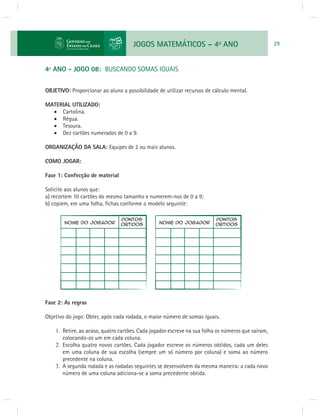JOGOS MATEMÁTICOS – 4o ANO 29 
4º ANO - JOGO 08: BUSCANDO SOMAS IGUAIS 
OBJETIVO: Proporcionar ao aluno a possibilidade de utilizar recursos de cálculo mental. 
MATERIAL UTILIZADO: 
 Cartolina. 
 Régua. 
 Tesoura. 
 Dez cartões numerados de 0 a 9. 
ORGANIZAÇÃO DA SALA: Equipes de 2 ou mais alunos. 
COMO JOGAR: 
Fase 1: Confecção de material 
Solicite aos alunos que: 
a) recortem 10 cartões do mesmo tamanho e numerem-nos de 0 a 9; 
b) copiem, em uma folha, fi chas conforme o modelo seguinte: 
Fase 2: As regras 
Objetivo do jogo: Obter, após cada rodada, o maior número de somas iguais. 
1. Retire, ao acaso, quatro cartões. Cada jogador escreve na sua folha os números que saíram, 
colocando-os um em cada coluna. 
2. Escolha quatro novos cartões. Cada jogador escreve os números obtidos, cada um deles 
em uma coluna de sua escolha (sempre um só número por coluna) e soma ao número 
precedente na coluna. 
3. A segunda rodada e as rodadas seguintes se desenvolvem da mesma maneira: a cada novo 
número de uma coluna adiciona-se a soma precedente obtida. 
 