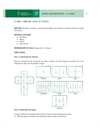 JOGOS MATEMÁTICOS – 5o ANO 47 
5º ANO - JOGO 09: JOGOS DE FRAÇÕES 
OBJETIVO: Retomar e ampliar o estudo das operações com números racionais escritos na forma 
fracionária. 
MATERIAL UTILIZADO: 
 Cartolina. 
 Régua. 
 Pincel. 
 Lápis de cor. 
ORGANIZAÇÃO DA SALA: Equipes de 3 a 5 alunos 
COMO JOGAR: 
Fase 1: Construção do material 
Peça aos estudantes que construam um cubo e pintem as outras fi guras de acordo com a cor 
indicada em cada uma no modelo a seguir: 
Fase 2: Exploração das peças 
branco 
1-2 
1-2 
azul 
1-8 
1-8 
1-8 
1-8 
1-8 
1-8 
1-8 
1-8 vermelho 
1-6 
1-6 
1-6 
1-6 
1-6 
1-6 
verde 
1-4 
1-4 
1-4 
1-4 
amarelo 
A seguir, solicite que recortem cada cartela, e dirija aos alunos perguntas como: 
 Quantas peças vermelhas são necessárias para compor uma branca? 
1-2 
1-2 
azul 
1-3 
1-3 
1-3 
roxo 
 