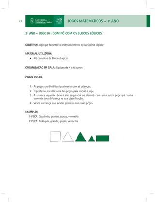 JOGOS MATEMÁTICOS – 3o ANO 
74 
3º ANO - JOGO 07: DOMINÓ COM OS BLOCOS LÓGICOS 
OBJETIVO: Jogo que favorece o desenvolvimento do raciocínio lógico. 
MATERIAL UTILIZADO: 
 Kit completo de Blocos Lógicos 
ORGANIZAÇÃO DA SALA: Equipes de 4 a 6 alunos 
COMO JOGAR: 
1. As peças são divididas igualmente com as crianças; 
2. O professor escolhe uma das peças para iniciar o jogo; 
3. A criança seguinte deverá dar sequência ao dominó com uma outra peça que tenha 
somente uma diferença na sua classifi cação; 
4. Vence a criança que acabar primeiro com suas peças. 
EXEMPLO: 
1ª PEÇA: Quadrado, grande, grosso, vermelho 
2ª PEÇA: Triângulo, grande, grosso, vermelho 
 