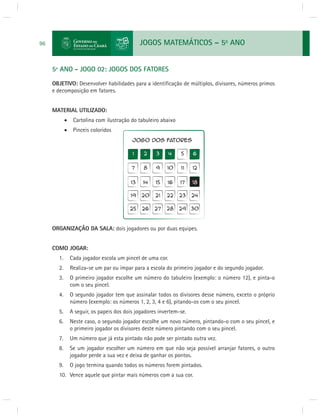 JOGOS MATEMÁTICOS – 5o ANO 
96 
5º ANO - JOGO 02: JOGOS DOS FATORES 
OBJETIVO: Desenvolver habilidades para a identifi cação de múltiplos, divisores, números primos 
e decomposição em fatores. 
MATERIAL UTILIZADO: 
 Cartolina com ilustração do tabuleiro abaixo 
 Pinceis coloridos 
ORGANIZAÇÃO DA SALA: dois jogadores ou por duas equipes. 
COMO JOGAR: 
1. Cada jogador escola um pincel de uma cor. 
2. Realiza-se um par ou ímpar para a escola do primeiro jogador e do segundo jogador. 
3. O primeiro jogador escolhe um número do tabuleiro (exemplo: o número 12), e pinta-o 
com o seu pincel. 
4. O segundo jogador tem que assinalar todos os divisores desse número, exceto o próprio 
número (exemplo: os números 1, 2, 3, 4 e 6), pitando-os com o seu pincel. 
5. A seguir, os papeis dos dois jogadores invertem-se. 
6. Neste caso, o segundo jogador escolhe um novo número, pintando-o com o seu pincel, e 
o primeiro jogador os divisores deste número pintando com o seu pincel. 
7. Um número que já esta pintado não pode ser pintado outra vez. 
8. Se um jogador escolher um número em que não seja possível arranjar fatores, o outro 
jogador perde a sua vez e deixa de ganhar os pontos. 
9. O jogo termina quando todos os números forem pintados. 
10. Vence aquele que pintar mais números com a sua cor. 
 