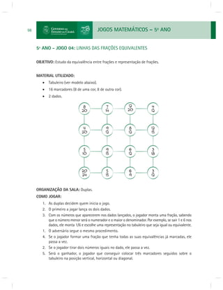 JOGOS MATEMÁTICOS – 5o ANO 
98 
5º ANO - JOGO 04: LINHAS DAS FRAÇÕES EQUIVALENTES 
OBJETIVO: Estudo da equivalência entre frações e representação de frações. 
MATERIAL UTILIZADO: 
 Tabuleiro (ver modelo abaixo). 
 16 marcadores (8 de uma cor, 8 de outra cor). 
 2 dados. 
ORGANIZAÇÃO DA SALA: Duplas. 
COMO JOGAR: 
1. As duplas decidem quem inicia o jogo. 
2. O primeiro a jogar lança os dois dados. 
3. Com os números que aparecerem nos dados lançados, o jogador monta uma fração, sabendo 
que o número menor será o numerador e o maior o denominador. Por exemplo, se sair 1 e 6 nos 
dados, ele monta 1/6 e escolhe uma representação no tabuleiro que seja igual ou equivalente. 
1. O adversário segue o mesmo procedimento. 
4. Se o jogador formar uma fração que tenha todas as suas equivalências já marcadas, ele 
passa a vez. 
2. Se o jogador tirar dois números iguais no dado, ele passa a vez. 
5. Será o ganhador, o jogador que conseguir colocar três marcadores seguidos sobre o 
tabuleiro na posição vertical, horizontal ou diagonal. 
 