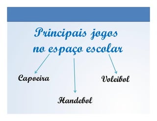 Principais jogosPrincipais jogos
no espaço escolarno espaço escolar
EDUCAÇÃO FÍSICA, 3º Ano do Ensino Médio
Os jogos nos diferentes espaços sociais
Capoeira Voleibol
Handebol
 