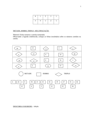 3

4

1

2

3

1

3

5

1

2

1

METADE, DOBRO, TRIPLO - MULTIPLICAÇÃO
Material: Fichas numeras e cartelas numeradas.
Observando a legenda estabelecida, coloque as fichas (resultados) sobre os números contidos na
cartela.

15

30

4

12

24

13

24

8
15

38

20

19

6

16

7

23

16

METADE

6

1

9

2

9

5

8

11

DOBRO

21

4

DESCUBRA O SEGREDO – Adição

18
3

TRIPLO

10

39
12

27
32

33

46
30

 
