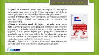 }
Os bastidores de um jogo(){
Preparar os elementos. Nessa parte, o programa irá carregar o
necessário para sua execução (como imagens e sons), bem
como preparar as estruturas de dados usadas pelo mesmo.
Montar a primeira tela. Aqui o programa coloca cada elemento
em seu lugar inicial, de acordo com a vontade do
desenvolvedor.
Checar a situação atual do jogo, e aí criar uma nova
tela. Agora o programa deve preparar uma nova tela, levando
em conta a situação anterior do jogo e a(s) entrada(s) do
jogador. É aqui, por exemplo, que o programa checaria se o
quadrado que representa a cabeça da cobrinha está contido na
lista de quadrados que representam seu corpo, ou de forma
mais simples, se a cobrinha bateu nela mesma.
Repetir... Agora tudo o que resta é continuar esse processo de
calcular uma nova tela e mostra-la até que o jogo acabe.
 