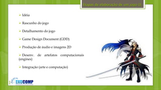 }
Etapas de elaboração de um jogo (){
 Idéia
 Rascunho do jogo
 Detalhamento do jogo
 Game Design Document (GDD)
 Produção de áudio e imagens 2D
 Desenv. de artefatos computacionais
(engines)
 Integração (arte e computação)
 
