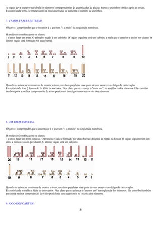 A seguir deve escrever na tabela os números correspondentes às quantidades de placas, barras e cubinhos obtidos após as trocas.
Esta atividade torna-se interessante na medida em que se aumenta o número de cubinhos.


7. VAMOS FAZER UM TREM?

Objetivo: compreender que o sucessor é o que tem "1 a mais" na seqüência numérica.

O professor combina com os alunos:
- Vamos fazer um trem. O primeiro vagão é um cubinho. O vagão seguinte terá um cubinho a mais que o anterior e assim por diante. O
último vagão será formado por duas barras.




Quando as crianças terminarem de montar o trem, recebem papeletas nas quais devem escrever o código de cada vagão.
Esta atividade leva à formação da idéia de sucessor. Fica claro para a criança o "mais um", na seqüência dos números. Ela contribui
também para a melhor compreensão do valor posicional dos algarismos na escrita dos números.




8. UM TREM ESPECIAL

Objetivo: compreender que o antecessor é o que tem "1 a menos" na seqüência numérica.

O professor combina com os alunos:
- Vamos fazer um trem especial. O primeiro vagão é formado por duas barras (desenha as barras na lousa). O vagão seguinte tem um
cubo a menos e assim por diante. O último vagão será um cubinho.




Quando as crianças terminam de montar o trem, recebem papeletas nas quais devem escrever o código de cada vagão.
Esta atividade trabalha a idéia de antecessor. Fica claro para a criança o "menos um" na seqüência dos números. Ela contribui também
para uma melhor compreensão do valor posicional dos algarismos na escrita dos números.


9. JOGO DOS CARTÕES

                                                                   3
 