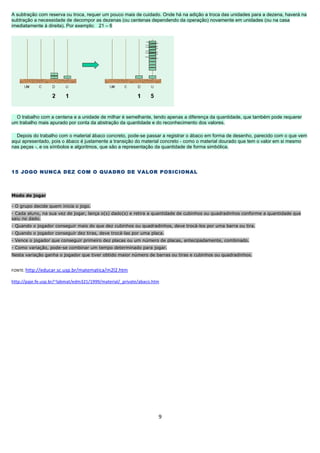A subtração com reserva ou troca, requer um pouco mais de cuidado. Onde há na adição a troca das unidades para a dezena, haverá na
subtração a necessidade de decompor as dezenas (ou centenas dependendo da operação) novamente em unidades (ou na casa
imediatamente à direita). Por exemplo: 21 – 6




  O trabalho com a centena e a unidade de milhar é semelhante, tendo apenas a diferença da quantidade, que também pode requerer
um trabalho mais apurado por conta da abstração da quantidade e do reconhecimento dos valores.

  Depois do trabalho com o material ábaco concreto, pode-se passar a registrar o ábaco em forma de desenho, parecido com o que vem
aqui apresentado, pois o ábaco é justamente a transição do material concreto - como o material dourado que tem o valor em si mesmo
nas peças -, e os símbolos e algoritmos, que são a representação da quantidade de forma simbólica.




15 JOGO NUNCA DEZ COM O QUADRO DE VALOR POSICIONAL



Modo de jogar

- O grupo decide quem inicia o jogo.
- Cada aluno, na sua vez de jogar, lança o(s) dado(s) e retira a quantidade de cubinhos ou quadradinhos conforme a quantidade que
saiu no dado.
- Quando o jogador conseguir mais do que dez cubinhos ou quadradinhos, deve trocá-los por uma barra ou tira.
- Quando o jogador conseguir dez tiras, deve trocá-las por uma placa.
- Vence o jogador que conseguir primeiro dez placas ou um número de placas, antecipadamente, combinado.
- Como variação, pode-se combinar um tempo determinado para jogar.
Nesta variação ganha o jogador que tiver obtido maior número de barras ou tiras e cubinhos ou quadradinhos.


FONTE: http://educar.sc.usp.br/matematica/m2l2.htm

http://paje.fe.usp.br/~labmat/edm321/1999/material/_private/abaco.htm




                                                                    9
 