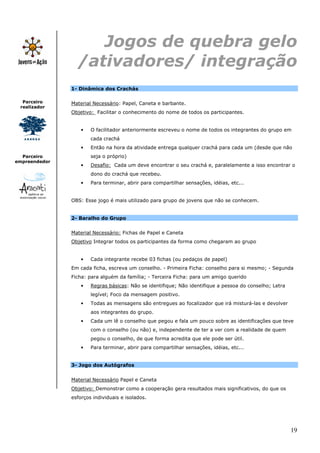 Jogos de quebra gelo
                 /ativadores/ integração
               1- Dinâmica dos Crachás

  Parceiro     Material Necessário: Papel, Caneta e barbante.
 realizador
               Objetivo: Facilitar o conhecimento do nome de todos os participantes.


                   •   O facilitador anteriormente escreveu o nome de todos os integrantes do grupo em
                       cada crachá
                   •   Então na hora da atividade entrega qualquer crachá para cada um (desde que não
  Parceiro             seja o próprio)
empreendedor
                   •   Desafio: Cada um deve encontrar o seu crachá e, paralelamente a isso encontrar o
                       dono do crachá que recebeu.
                   •   Para terminar, abrir para compartilhar sensações, idéias, etc...


               OBS: Esse jogo é mais utilizado para grupo de jovens que não se conhecem.


               2- Baralho do Grupo


               Material Necessário: Fichas de Papel e Caneta
               Objetivo Integrar todos os participantes da forma como chegaram ao grupo


                   •   Cada integrante recebe 03 fichas (ou pedaços de papel)
               Em cada ficha, escreva um conselho. - Primeira Ficha: conselho para si mesmo; - Segunda
               Ficha: para alguém da família; - Terceira Ficha: para um amigo querido
                   •   Regras básicas: Não se identifique; Não identifique a pessoa do conselho; Letra
                       legível; Foco da mensagem positivo.
                   •   Todas as mensagens são entregues ao focalizador que irá misturá-las e devolver
                       aos integrantes do grupo.
                   •   Cada um lê o conselho que pegou e fala um pouco sobre as identificações que teve
                       com o conselho (ou não) e, independente de ter a ver com a realidade de quem
                       pegou o conselho, de que forma acredita que ele pode ser útil.
                   •   Para terminar, abrir para compartilhar sensações, idéias, etc...


               3- Jogo dos Autógrafos


               Material Necessário Papel e Caneta
               Objetivo: Demonstrar como a cooperação gera resultados mais significativos, do que os
               esforços individuais e isolados.




                                                                                                         19
 