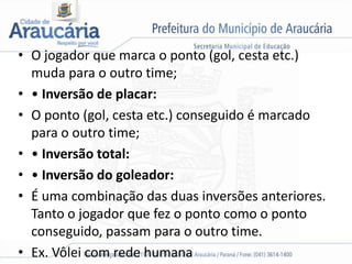 • O jogador que marca o ponto (gol, cesta etc.)
muda para o outro time;
• • Inversão de placar:
• O ponto (gol, cesta etc.) conseguido é marcado
para o outro time;
• • Inversão total:
• • Inversão do goleador:
• É uma combinação das duas inversões anteriores.
Tanto o jogador que fez o ponto como o ponto
conseguido, passam para o outro time.
• Ex. Vôlei com rede humana
 