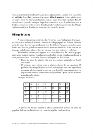 virando as cartas alternando entre si, até aluno um encontrar a cartela com o desenho
da mo’õni e aluno dois encontrar desenho da folha de wededu. Assim, vão forman-
do outros pares. Ao final quem fez mais pares de jogo? Aluno um ou aluno dois. O
vencedor será quem fez mais par. O professor deve estar perto de cada dupla para ir
lendo os nomes que estão no verso de cada cartela. Os alunos devem olhá-las. O jogo
ajuda memorizar: o desenho e o nome de cada parte das batatas.


O Bingo de Letras

        A aula começa com a construção das “peças” do jogo. Cada grupo de estudan-
tes deve cortar pedaços de buriti e a medida de cada peça pode ser 5x5 cm. Em cada
uma das peças deve ser desenhada uma letra do alfabeto Xavante, ou melhor, duas
letras, uma deve ser grafada em maiúsculo e a outra em minúsculo. Com urucum ou
jenipapo cada letra do alfabeto deve ser pintada para ficar mais viva – colorida.
        Terminada a construção das peças, inicia-se a elaboração das cartelas que po-
dem ser de caixa de papelão forrada com papel sulfite e toda pintada para chamar a
atenção das crianças. O tamanho de cada cartela pode ser de 15x7cm.
         • Pintar as letras do alfabeto Xavante em pedaços quadrados de buriti
            descascado.
         • O professor deve colocar todo o alfabeto dentro de um saquinho. O
            professor tira uma pedra e diz: letra tal. A criança que tiver com aquela letra
            em sua cartela deve marcá-la com um grão de milho ou uma pedrinha. Os
            lugares com asterisco valem como qualquer letra. Quem encher primeiro
            a cartela ganha o jogo.
        Exemplo de cartelas:




      Os professores Xavante durante a oficina construíram cartelas em caixa de
papelão. As letras também foram em caixas de papelão, conforme foto:




162  JOGOS E CULTURAS INDÍGENAS: Possibilidades para a educação intercultural na escola
 