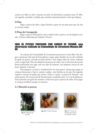 centrar seu olhar no alvo. A peteca na mão vai determinar a posição exata. O olho,
em seguida, controlar o cérebro que controla automaticamente a mão que dispara.

O Pião 
      Pegar a peteca do chão e jogar fazendo o gesto de um pião para que ela role
ao mesmo tempo.

A Pinça do Carangueijo
       Pegar a peteca. Pressioná-la com os dedos sobre a peteca, até ela disparar sozi-
nha. (Técnica elaborada por Tudual e Vicent).


JOGO DE PETECAS PRATICADO COM CAROÇO DE TUCUMÃ: uma
observação realizada na Comunidade do Livramento-Manaus-AM-
BR

       As crianças da Comunidade de Livramento pertencem à etnia Baré. São ale-
gres e praticam todo tipo de brincadeiras e jogos: pião, futebol, tiro ao alvo, bolinha
de gude ou peteca, esconde-esconde dentro e fora d’água além de outras. Adoram
correr e jogar bola. Elas não dispõem de petecas de vidro, mas se divertem da mesma
forma praticando esse jogo com um tipo de semente, um pequeno caroço de um
fruto tropical, o Tucumã.
       Para preparar o caroço e transformá-lo em uma peteca pronta para jogar, as
crianças descascam o fruto e comem a polpa com farinha ou no pão. Em seguida,
raspam o excesso da polpa que restou e lixam o caroço. A peteca de Tucumã está
então pronta. Os caroços são de Tucumã preto, medindo entre 3 a 5 cm de diâmetro.
Essas sementes em geral são maiores e mais leves que as petecas de vidro. Para jogar,
as crianças escolhem sempre os menores.

2.1 Material: as petecas




                                         Fig. 10 - O fruto Tucumã.             Fig. 11 - Caroço de
        Fig. 9 - Palmeira do                                                   Tucumã, que deverá
              Tucumã.                                                          ser raspado e lixado.




                       JOGOS E CULTURAS INDÍGENAS: Possibilidades para a educação intercultural na escola  47
 