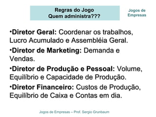 Regras do Jogo
Quem administra???
Jogos de Empresas – Prof. Sergio Grunbaum
Jogos de
Empresas
•Diretor Geral:Diretor Geral: Coordenar os trabalhos,Coordenar os trabalhos,
Lucro Acumulado e Assembléia Geral.Lucro Acumulado e Assembléia Geral.
•Diretor de Marketing:Diretor de Marketing: Demanda eDemanda e
Vendas.Vendas.
•Diretor de Produção e Pessoal:Diretor de Produção e Pessoal: Volume,Volume,
Equilíbrio e Capacidade de Produção.Equilíbrio e Capacidade de Produção.
•Diretor Financeiro:Diretor Financeiro: Custos de Produção,Custos de Produção,
Equilíbrio de Caixa e Contas em dia.Equilíbrio de Caixa e Contas em dia.
 